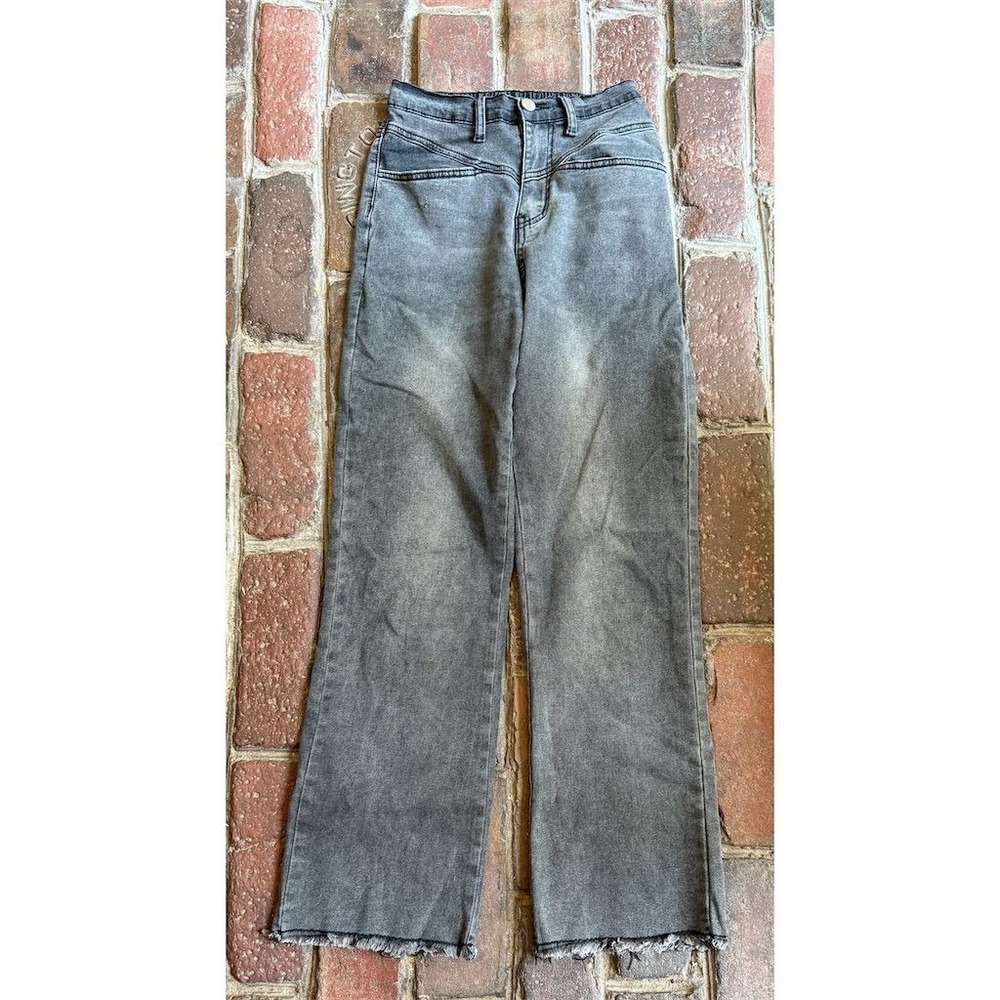 Polagram Y2K Womens high rise baggy black Gray Straight Jeans Size S frayed hem